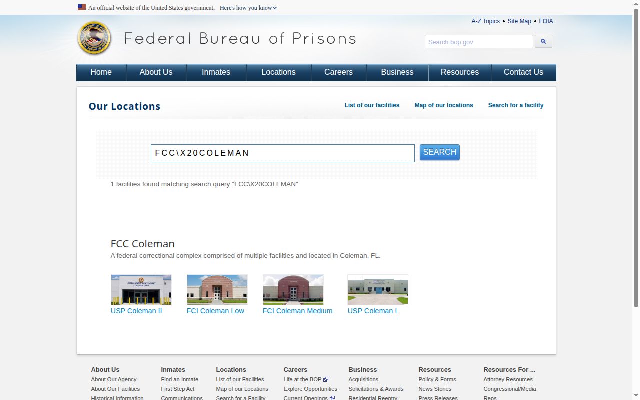 United States Penitentiary Coleman I official federal release institution listing